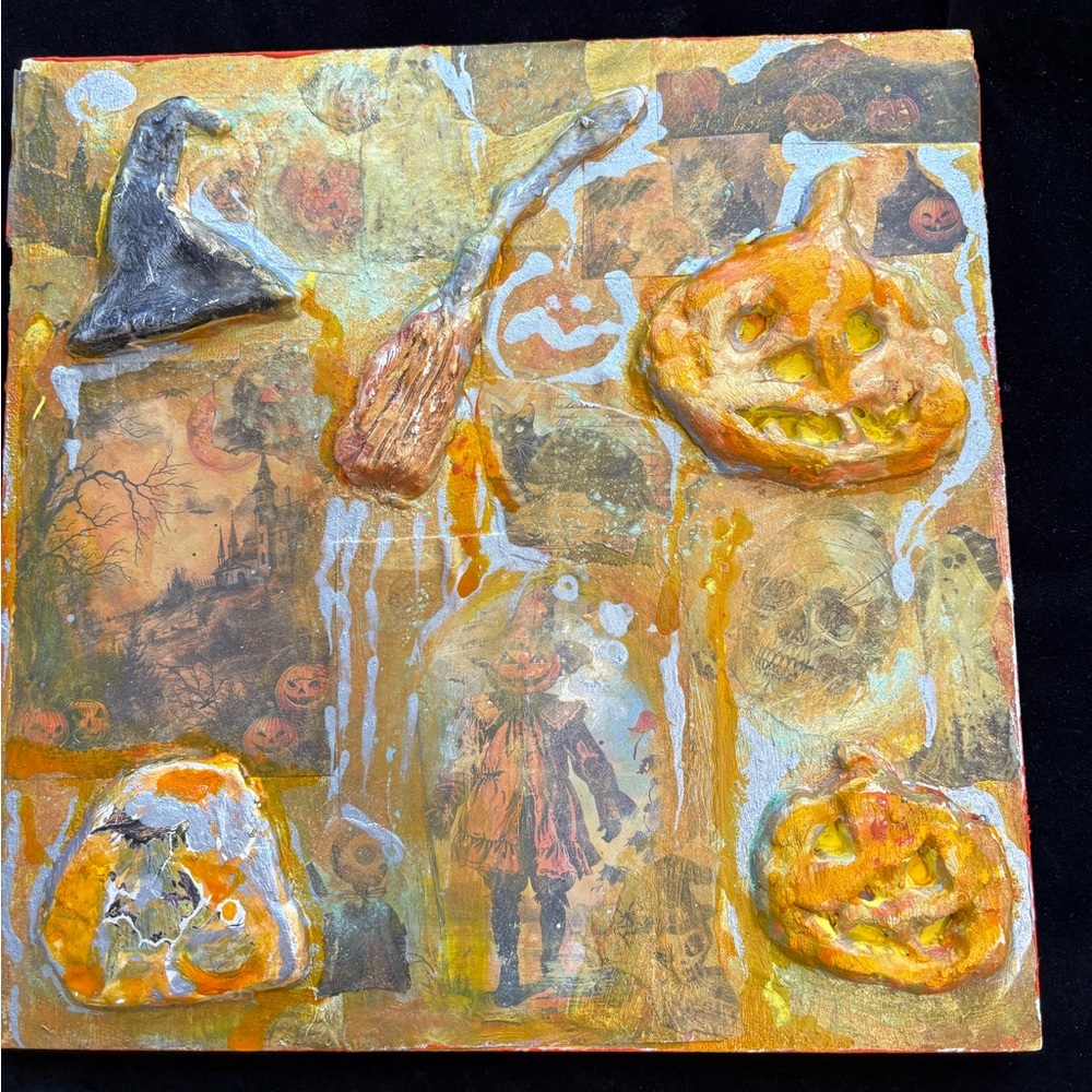 Handmade Vintage Inspired Paperclay & collage Halloween Painting onBirchwood12”